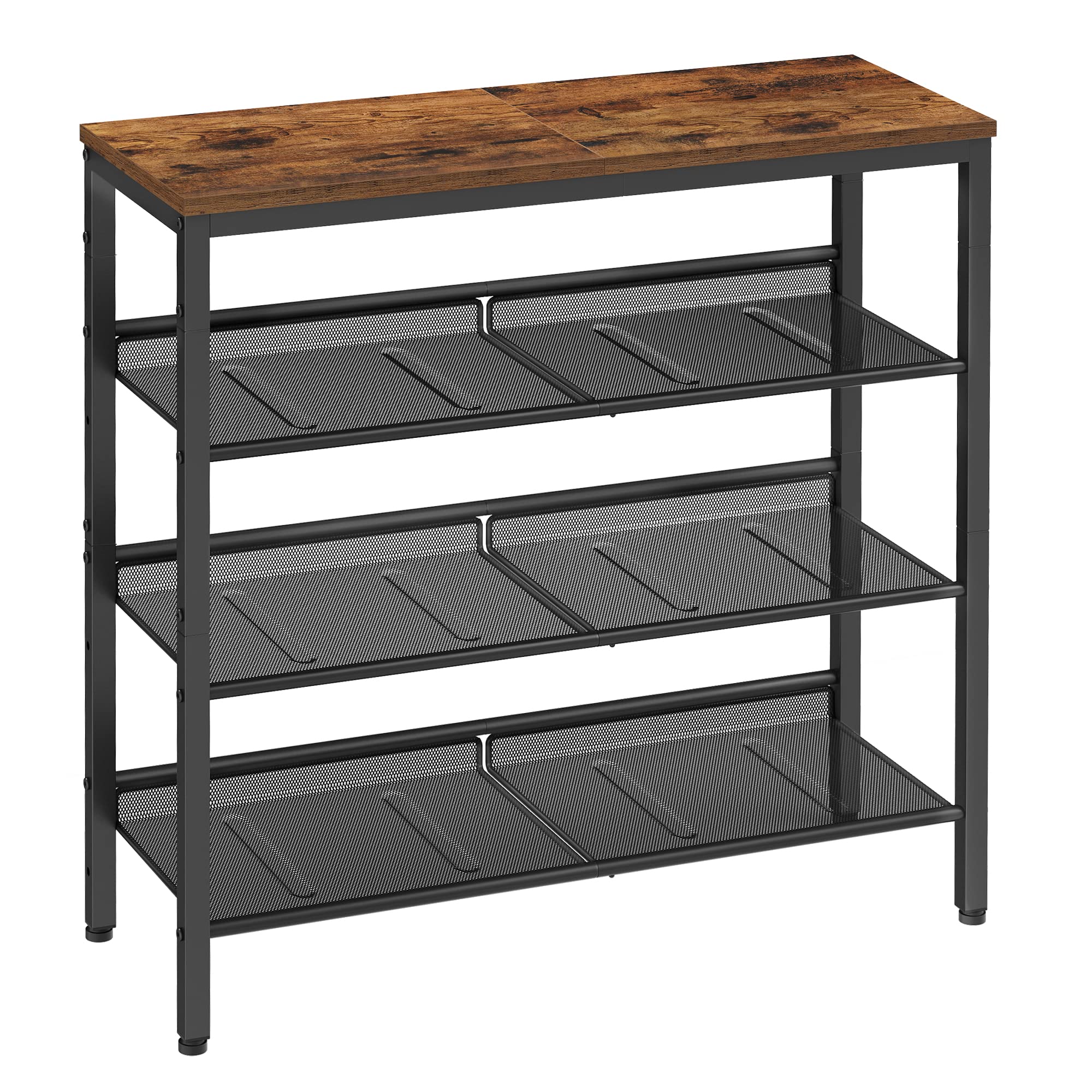 VASAGLE シューズラック 靴棚 4段オープンラック 玄関靴収納 メッシュ棚 組立簡単 折畳み型シューズラック ヴィンテージ風 奥行28cm 木製天板 おしゃれ LBS040