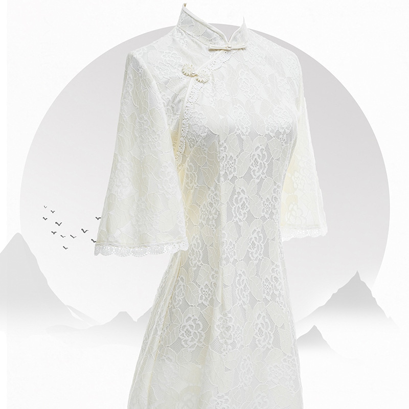 白いチャイナドレス中国少女小柄常小清夏改良ワンピース