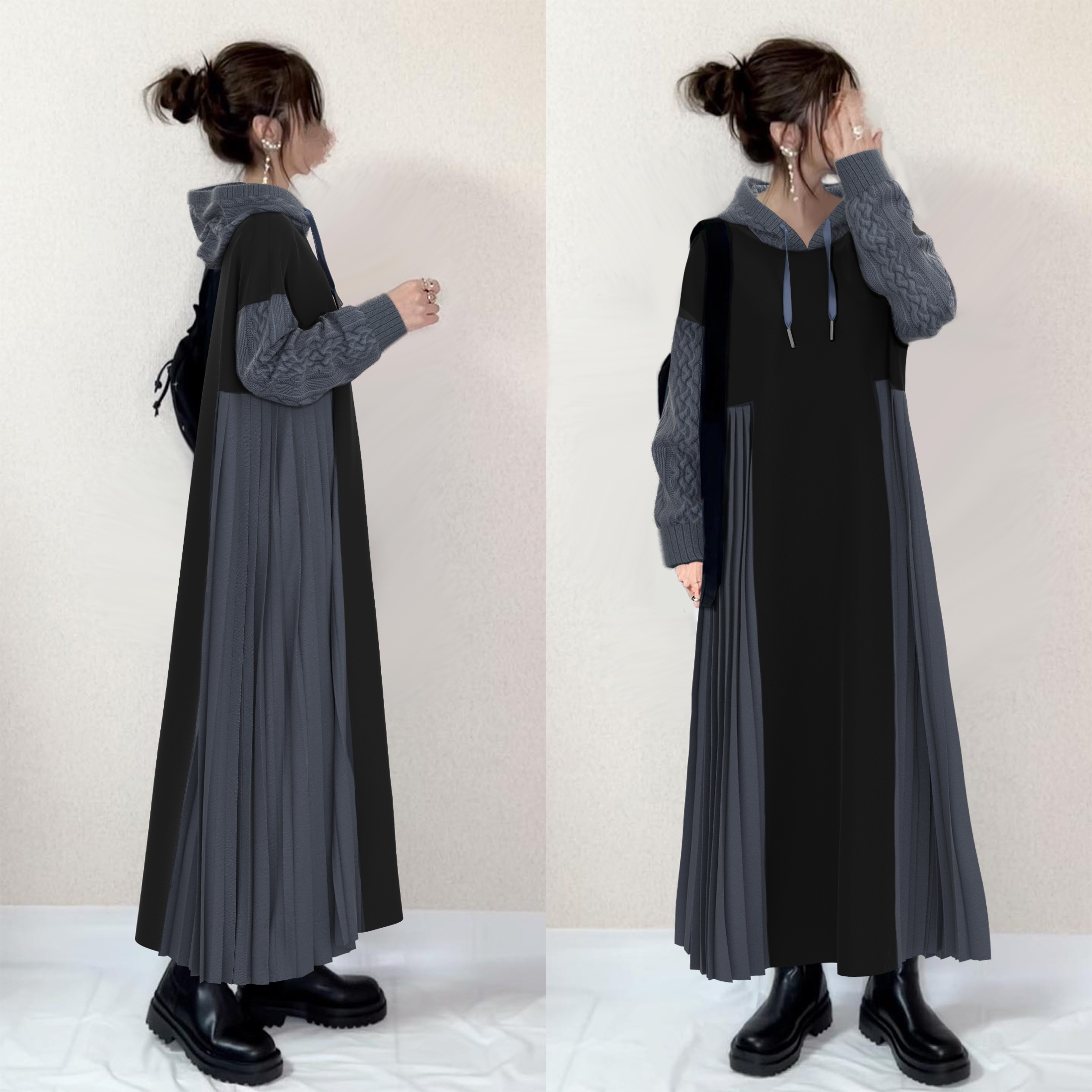 【楽天人気アイテム】 シンプル 配色 切り替え 長袖 フード付き プリーツ カジュアルワンピース レディース