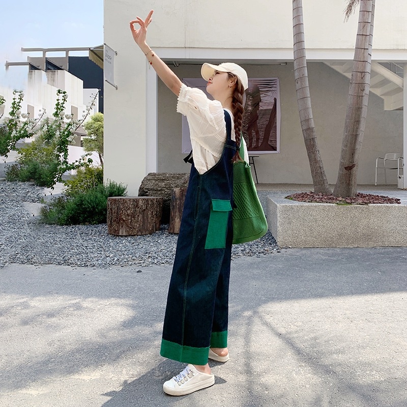 女性用コントラストカラーデニムサスペンダー2024ルーズスリムカジュアルワークウェアワイドレッグパンツ