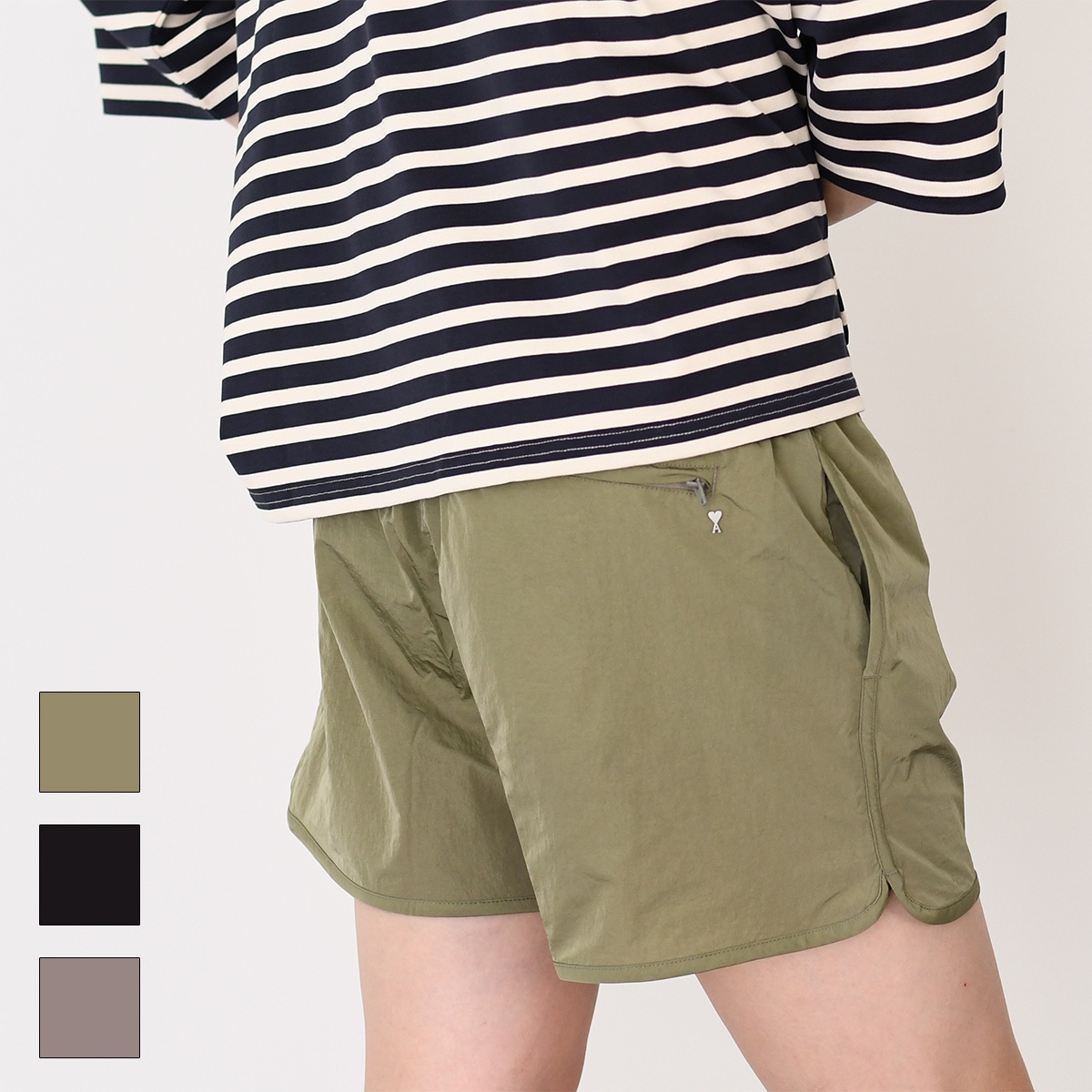 AMI ALEXANDRE MATTIUSSI アミ パリス ボトムス パンツ ナイロンキャンバス スイムショーツ HBW004 PA0021 メンズ ブラック ベージュ グリーン プレゼント