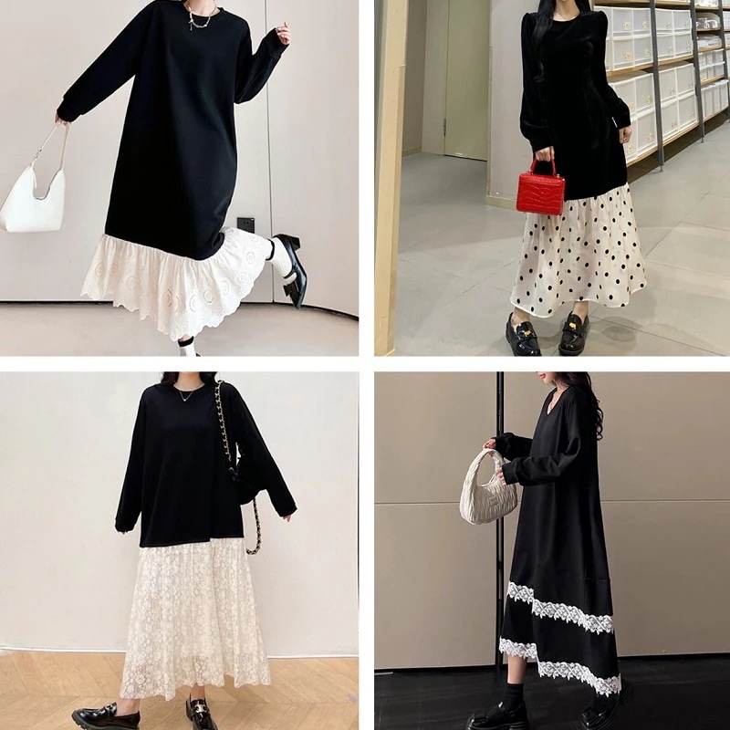 レデイース服ワンピース長袖ロングマキシ丈ワンピ2024春新作可愛いレースドード大きいサイズ５タイプ30%までに制限