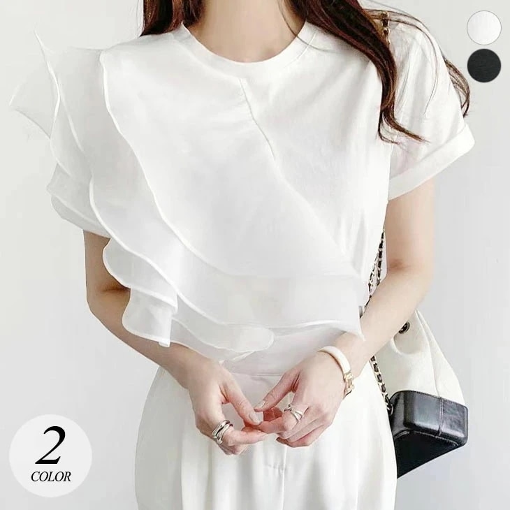 【2025新作 急速出荷】フリル袖 カットソー トップス 半袖 Tシャツ シフォン袖 コンシャス クルーネック 無地 ゆったり 大きめ 可愛い ガーリー フェミニン きれいめ 上品 オケージョン セレ