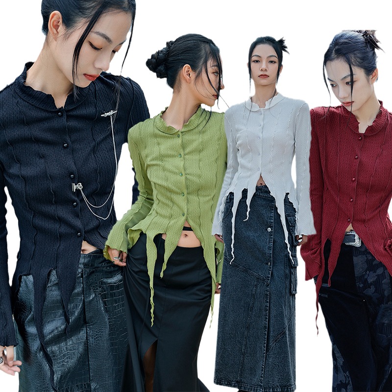 ニットカーディガン ショート丈 リブニット シャツ 長袖 レディース ニットトップス 無地 アシンメトリー ロマンティック