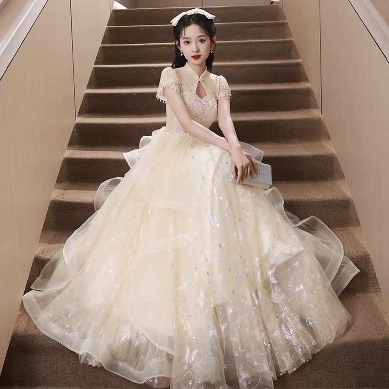 女性用イブニングドレス 2024 新芸術試験気質ロングスカートハイエンドニッチライトホスト宴会春先進感