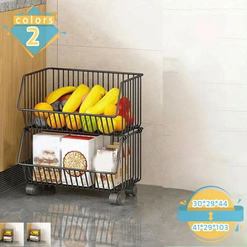 スタッキングバスケット キッチンワゴン 収納カート ワイヤーバスケット 果物と野菜の保管 多機能収納バスケット 調味料 多機能ランドリー収納 キャスター付き バ