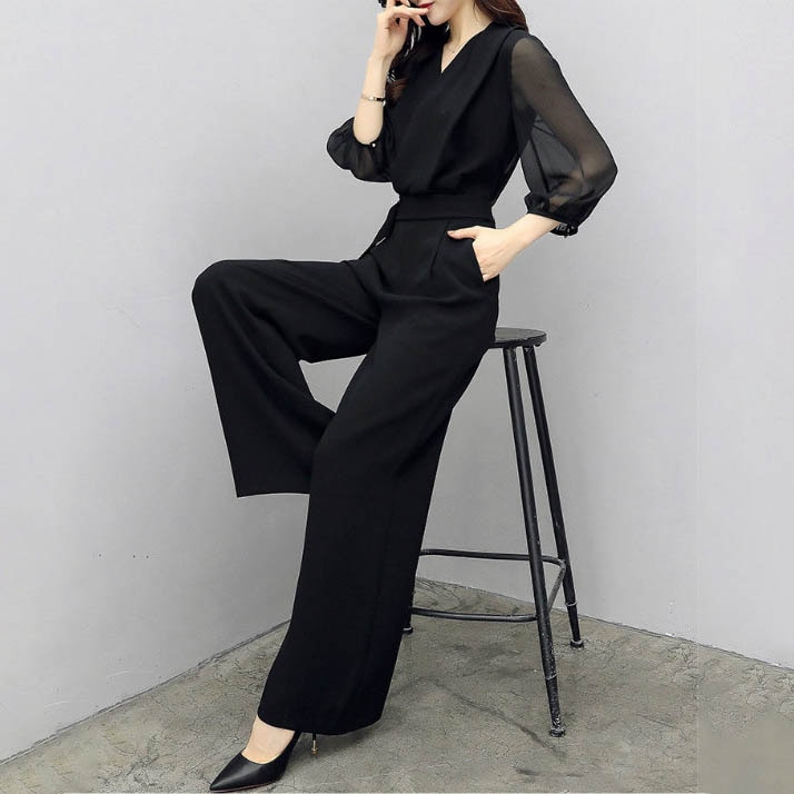 オールインワン S-3XL 黒 結婚式 パンツドレス 大きいサイズ 袖あり 七分袖 Vネック シースルー シフォン パーティードレス ロング XFL-10196 二次会