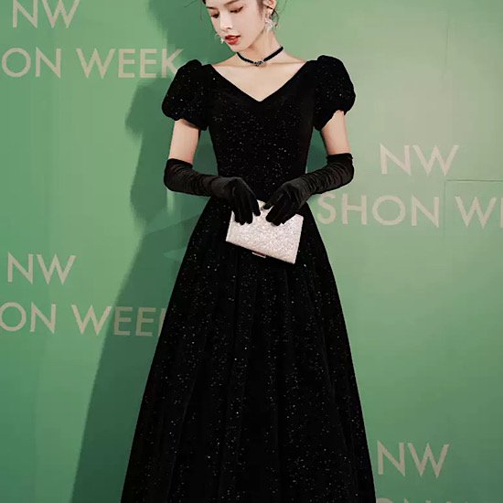 【取寄：納期2週間】演奏会ドレス ベルベットVネック デコルテ ラメ入り キラキラ イブニングドレス 発表会 演奏会 レディース フレアドレス 結婚式 ステージ衣装 半袖 ロング丈 エレガント