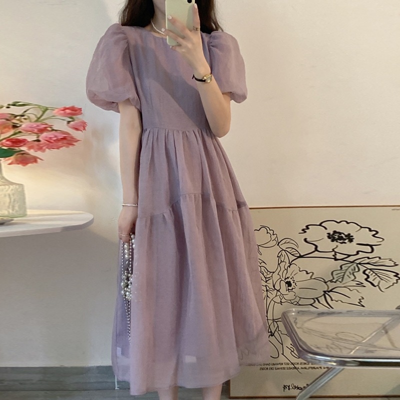 2色 ワンピース 半袖 春夏 きれいめ ロング フォーマル aライン aライン Aライン フレア ワンピドレス ぽわん袖 ボリューム袖 ボリュームスリーブ 袖コンシャス フレア セミフレア チュール