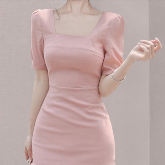 ワンピース 半袖 春 夏 きれいめ タイトスカート ミニ丈 ショート丈 膝上 スクエアネック スリム タイト 細身 ストレート Iライン マーメイド 透け感 ピンク S M L かわいい 大人可愛い