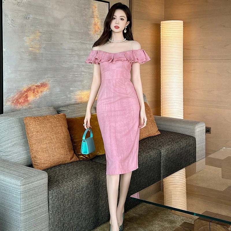 2025夏新品 オフショルダー フリル ワンピース ピンク ドレス パーティー キャバ 大人 同窓会 披露宴 卒業式 結婚式 演奏会 ウェディング 二次会 メガ割30%までに制限