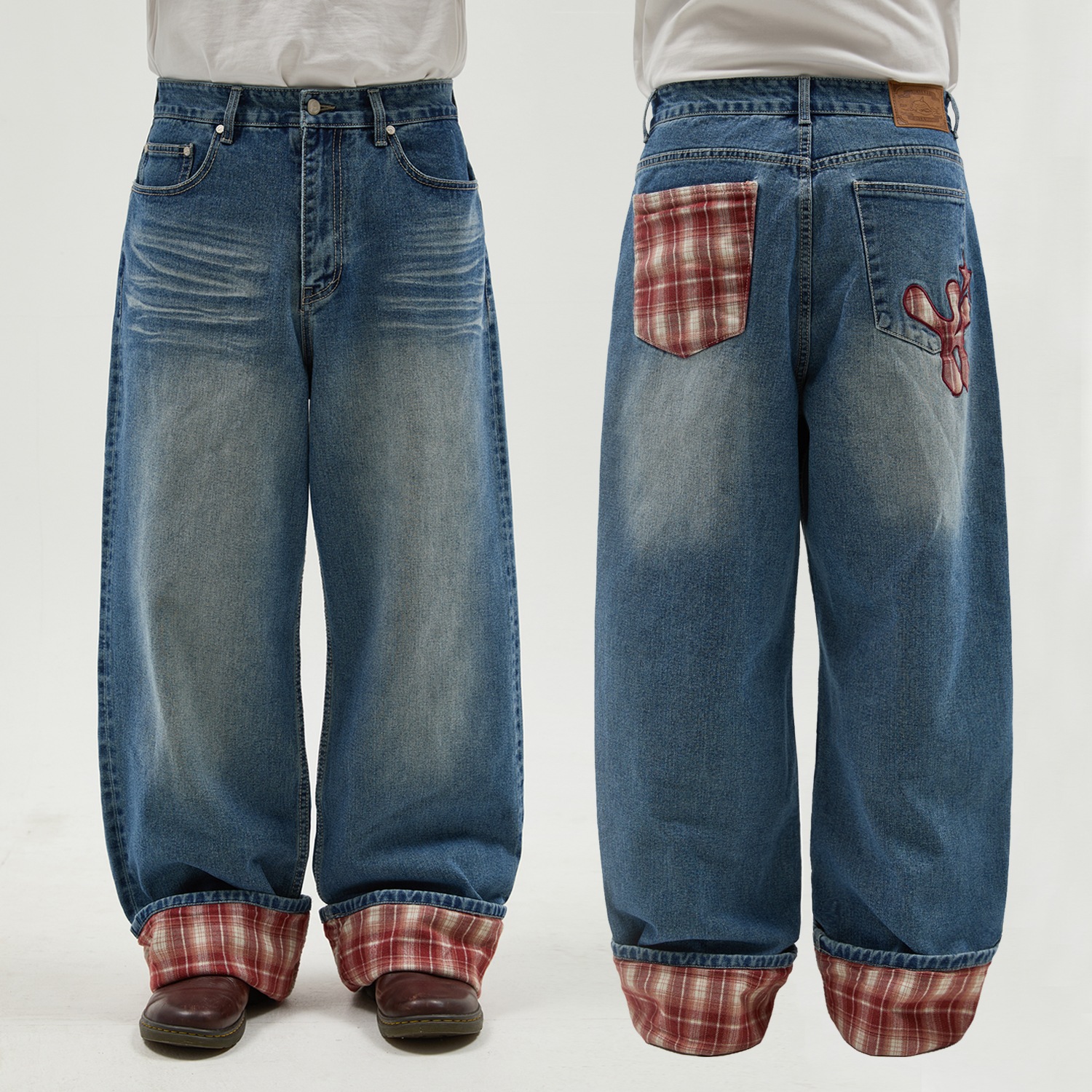 Check Applique Roll Up Denim Pants MEDIUM BLUE