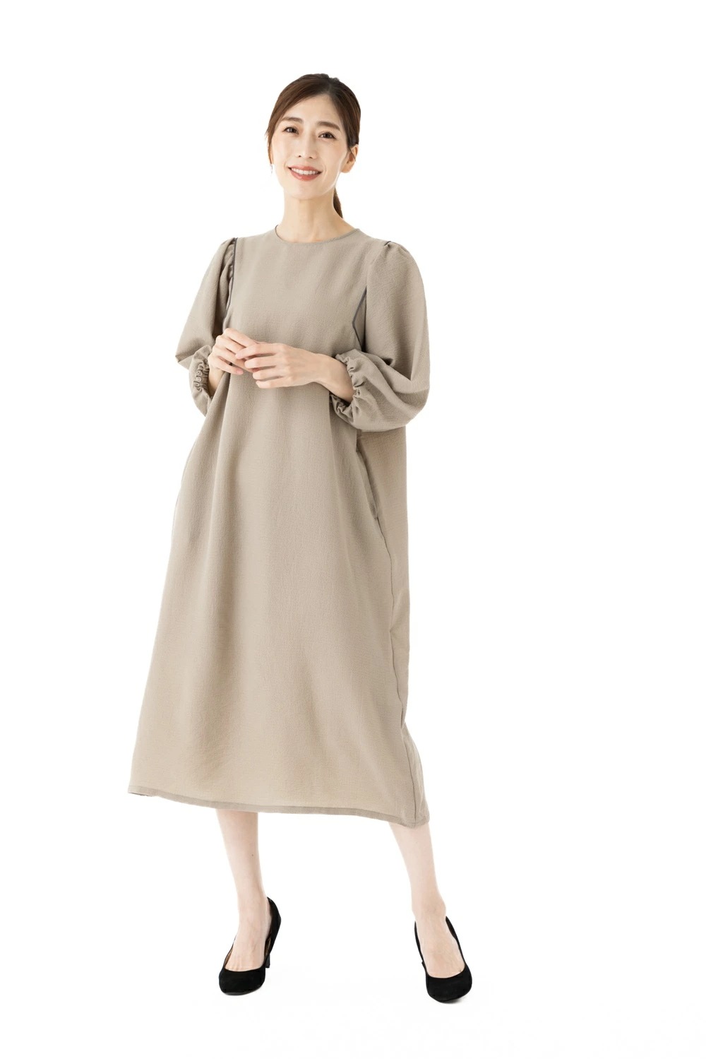 Bou Jeloud(ﾌﾞｰｼﾞｭﾙｰﾄﾞ) サイズＦ 七分袖 一枚で決まる！着映えワンピースリッブル加工パイピングワンピース カーキ