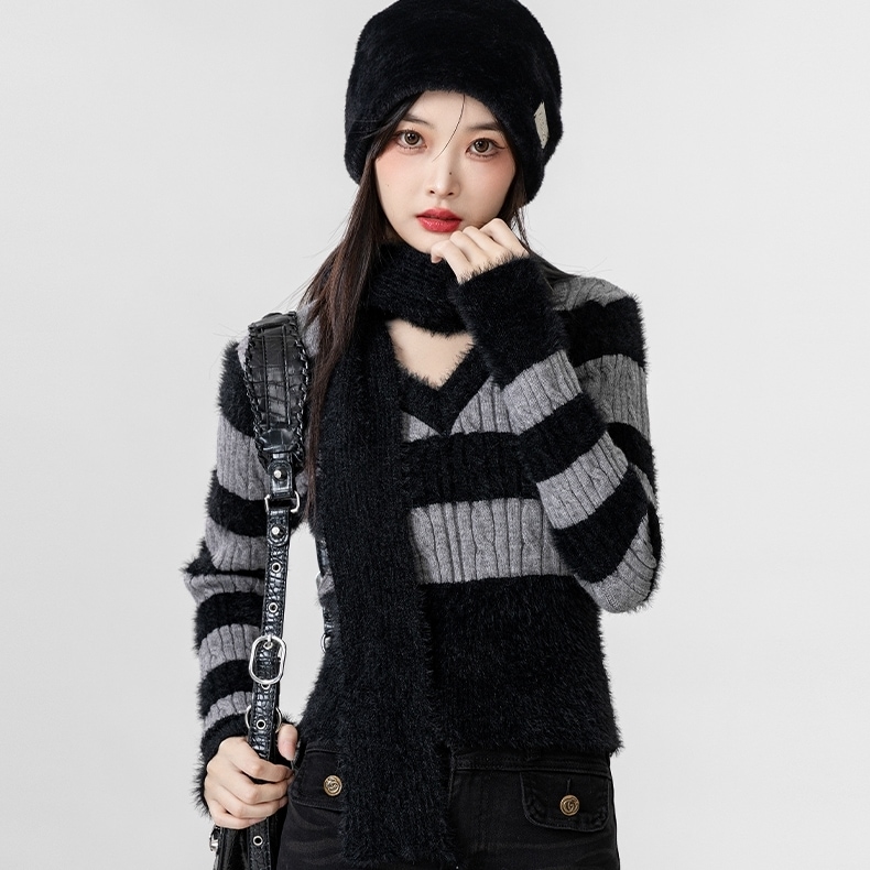 セーター ニット トップス Vネック ケーブル編み モヘア ボーダー 細身 長袖 大人可愛い シンプル お洒落 こなれ感 デイリー