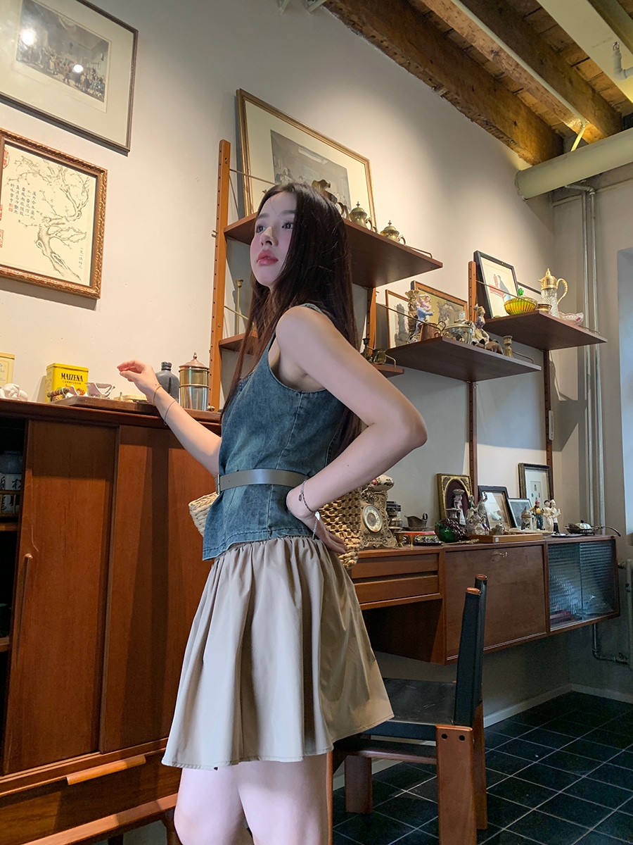 レトロファッションセットカウガールキャミソール夏用ウエストゴムスカート付き2点セット