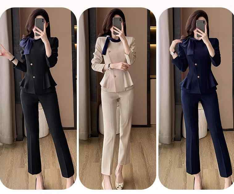 レディース パンツスーツ セットアップ エレガント ベージュ 黒 紺 高級感 ラグジュアリー スリムフィット ウェストシェイプ プリーツ フェミニン フロントクロス シングルブレスト 金ボタン フォー