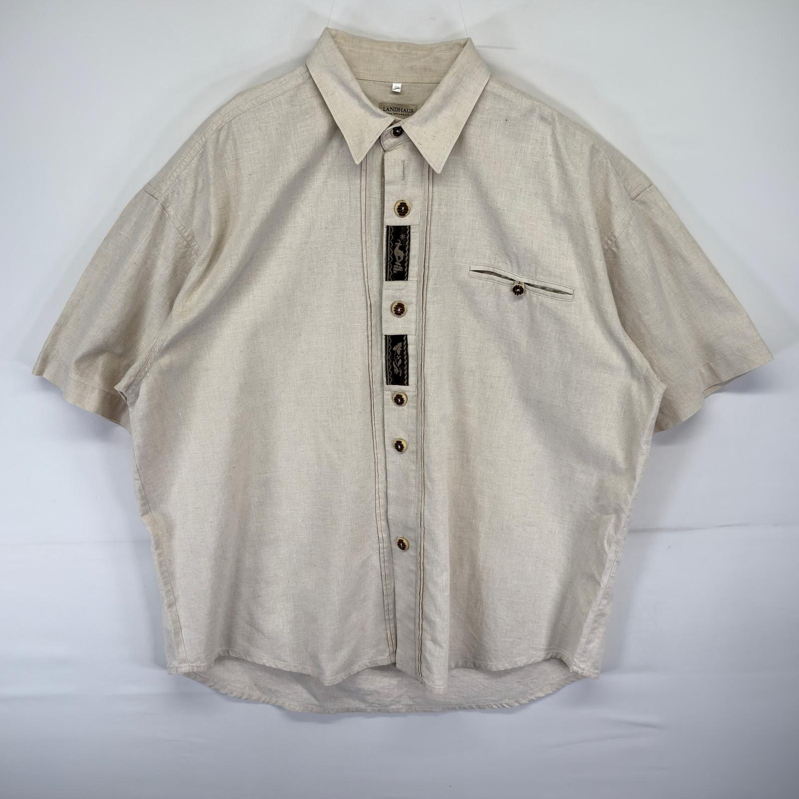 古着 LANDHAUS 半袖シャツ リネンシャツ チロリアンシャツ 胸ポケット 大きいサイズ XXL ベージュ メンズ