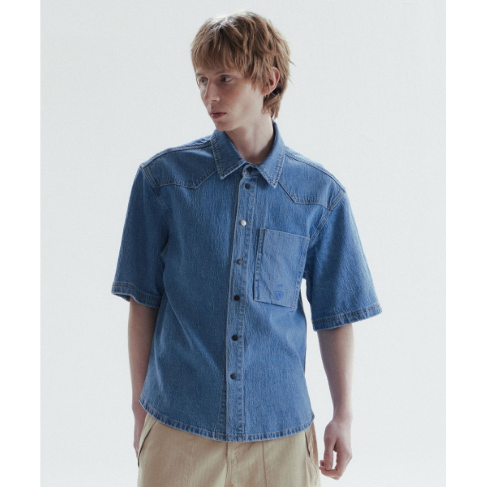 CHOWOO ベーシック ショートスリーブ デニムシャツ-ブルー (メンズ)