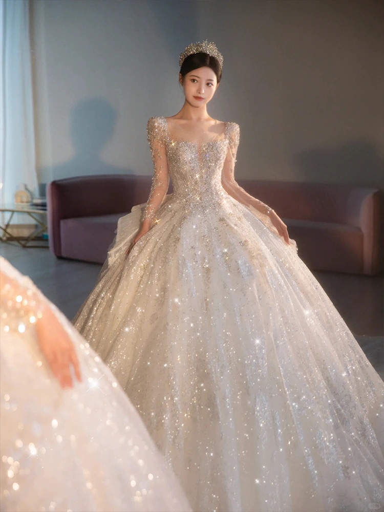 花嫁のための長袖の頑丈なウェディングドレス2025妊婦のためのメインヤー質感小さいサイズ軽い