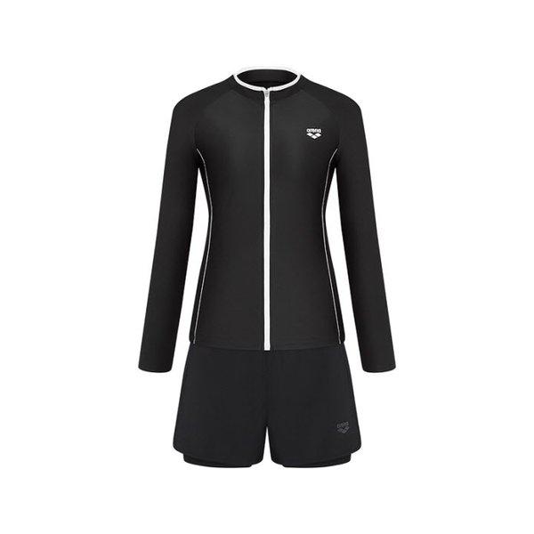 女性ウェービーレギュラーフィットジップアップラッシュガード3PCSセット (A6BL1PS01_BLK)