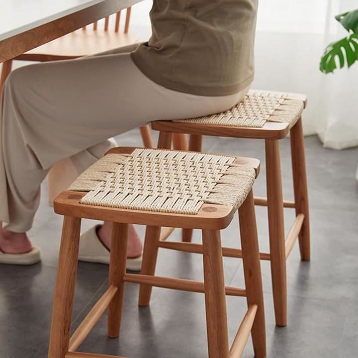 スツール 木製 四角 アメリカチェリー ラタン 籐 無垢材 チェア 椅子 ウッドスツール ダイニングチェア リビングチェア いす(ナチュラル, 幅42cmx奥行36cmx高さ45cm)