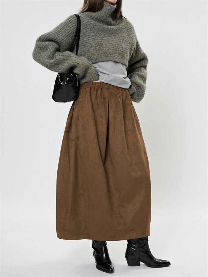 スカート レディース バルーンスカート フレアスカート ウエストゴム 無地 スエードスカート 無地 スカート 秋 冬 春 膝下 ロングスカート 秋スカート ロング丈 ミモレ丈 ボトムス 大人 きれいめ