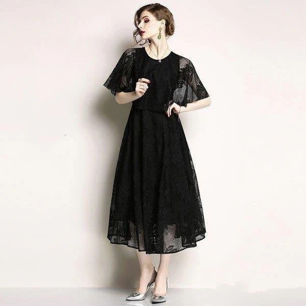 パーティードレス大きいサイズロング丈結婚式40袖あり半袖フォーマルドレスレースワンピースお呼ばれ二次会披露宴謝会上品おしゃれ着痩せ