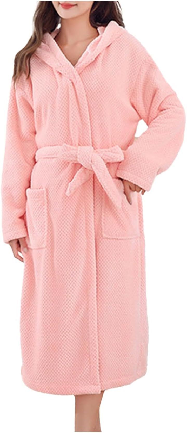 ルームウェア レディース バスローブ 長袖 部屋着 かわいい 大きいサイズ ガウン おしゃれ 薄手 タオル地 ひざ丈 ミドル丈 秋 冬 春 (ピンク, Free Size)