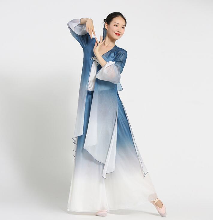 古典ダンス衣装 グラデーション エスニック チャイナドレス 女性 中華服 ロング丈 カーディガン シフォンガウチョパンツ スリット入り ステージ衣装 練功服 文化祭 学園祭 イベント衣装 4,745円