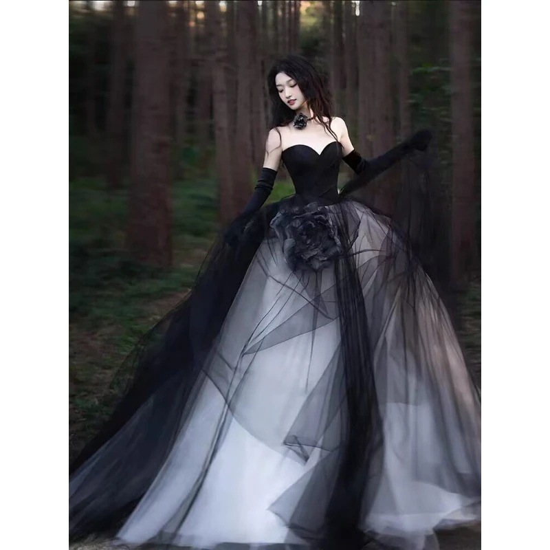 イブニングドレスフォトスタジオ写真テーマ衣装ブフォレストスタイルアウトドアシーンメッシュガーゼテールガーゼ付き黒ガーゼワンピースドレスその他 ワンピースドレス