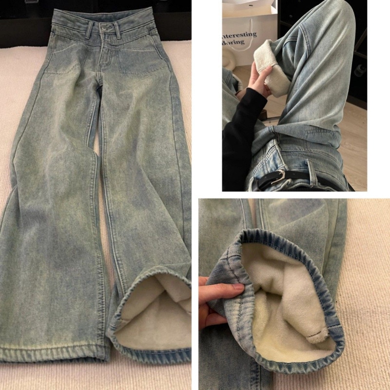 ベルベットと厚みのあるアメリカン ダメージ加工の女性用ワイドレッグ ジーンズ新しい冬スタイル洗えるスリムストレートレッグゆったりフィットのフロアレングス パンツ