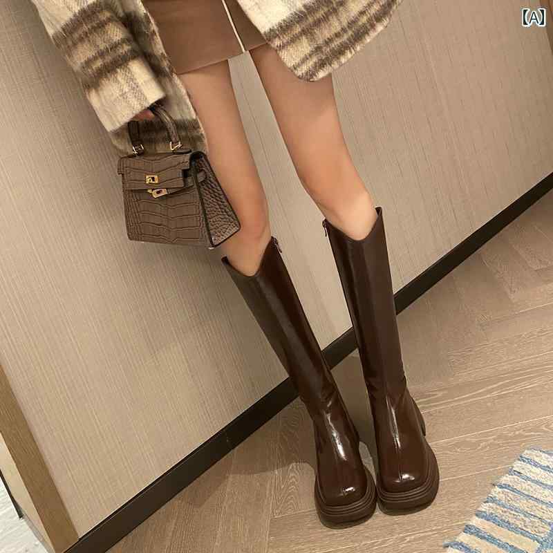 ロングブーツ レディース タイトフィット シンプル おしゃれ スタイルアップ 女性用牛革 スリム Vネック ブーツ 厚底 ナイト ブーツ 厚底 ハイ ブーツ ブラウン ブーツ