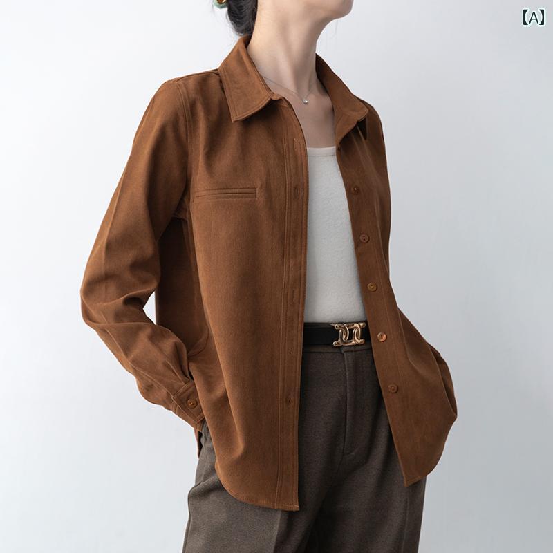 ブラウス シャツ レディース 秋冬 長袖 スウェード風 ジャケット ファッション 大人カジュアル 上品 ベーシック シンプル スタイリッシュ