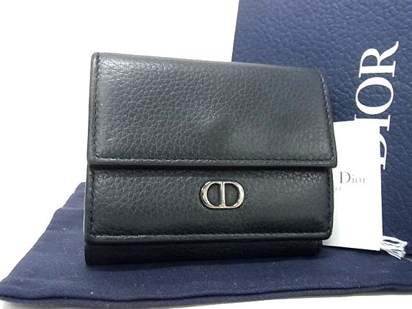 クリスチャンディオール 財布 - レザー 2ESBC110CDI 三つ折り Wホック シルバー金具 ブラック ミニ財布 コンパクト ウォレット サイフ 小銭入れ ユニセックス【本物保証】