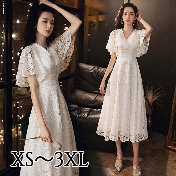 ドレス レディース パーティードレス ミモレ丈ドレス ファスナー フレアスリーブ 袖あり ハンカチーフスリーブ 半袖 透け感 総レース Vネック Aライン 大きいサイズ 発表会 結婚式 母親 ドレス