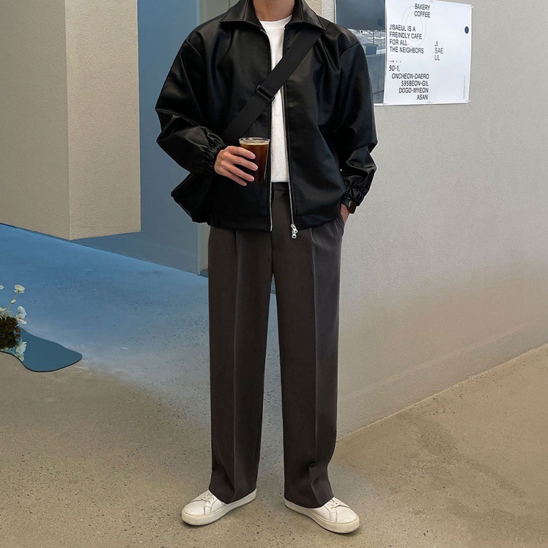 シンプルなレトロなラペルレザージャケットメンズスプリングルーズバイカーレザージャケットハンサムなジャケットのトレンドの韓国語バージョン