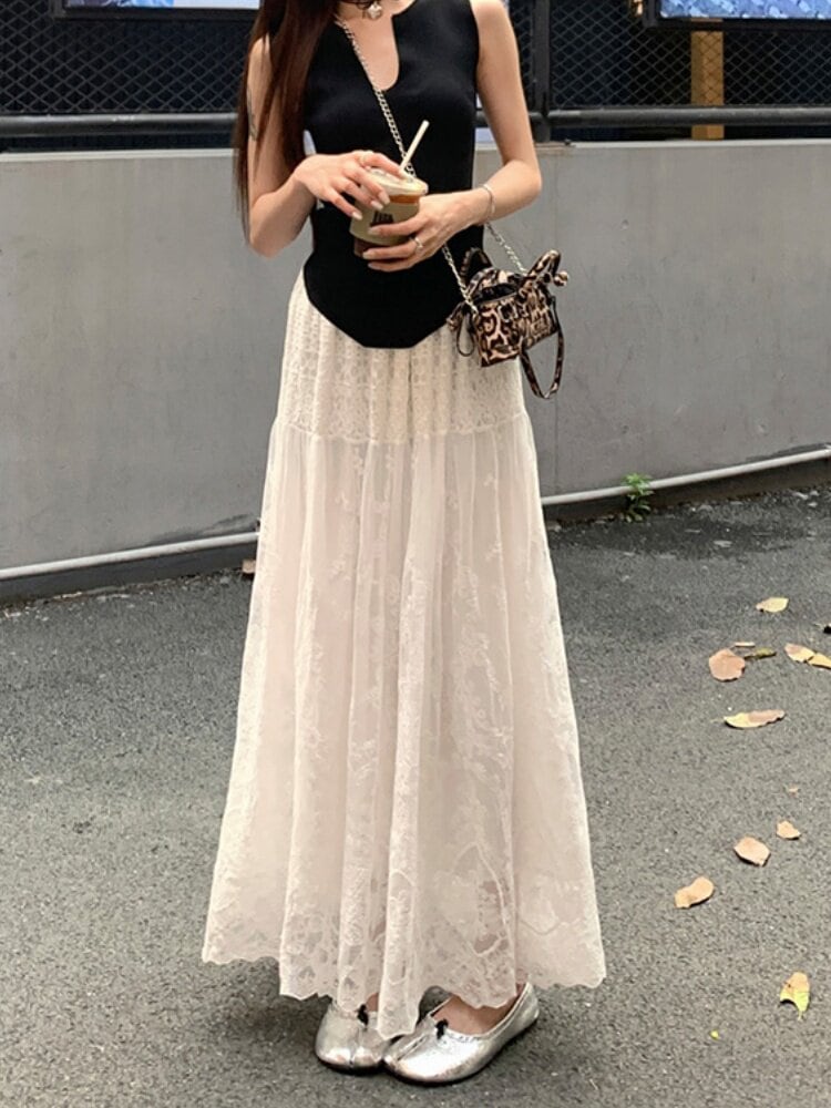 高級感フレンチホワイトレースハーフスカート 女性用 春夏モデル プラスサイズ ぽっちゃり体型向け ハイウエスト ルーズ スリム効果 エーラインロングスカート