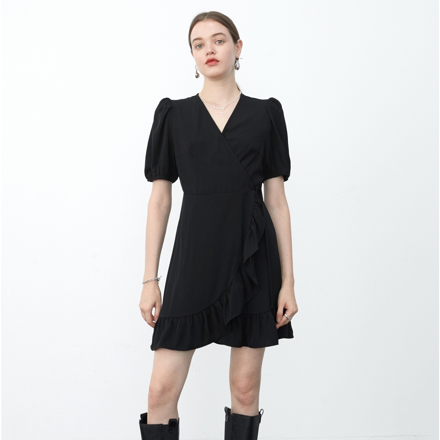 格安販売の ひざ丈 ワンピドレス 送料無料 レディース ドレス ワンピース 袖あり お 上品 きれいめ 大人可愛い かわいい シースルー 透け感 切り替えデザイン パフスリーブ ラップスカート カシュクール 半袖 半袖ミニ 膝丈ワンピ サイズ L Www Shred360 Com