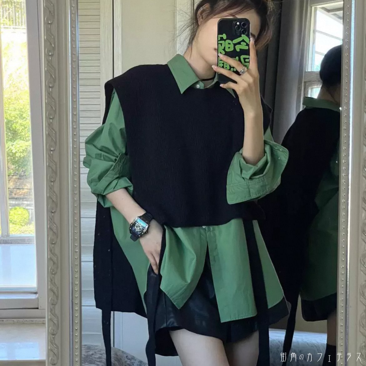 ブラウス ベスト 2色 2点セットアイテム トップス ロング丈 長袖 Vネック 襟付き Aライン フレア ボタン 薄手生地 無地 かわいい 大人可愛い 大人女子 シンプル カジュアル 大人 こなれ感