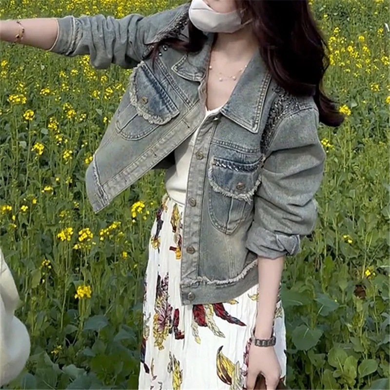 韓国人気 デニムジャケット レディース 2024春と秋の新作女性用スリム釘ドリルショート丈トップス トップス アウター 5,229円