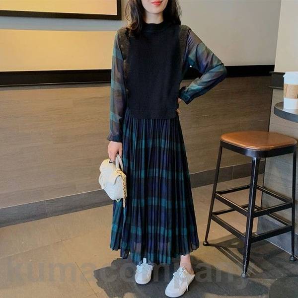 ドッキングワンピース ワンピース 長袖 ロング マキシ丈 マキシワンピース 切り替えワンピース チェック柄 大きいサイズ 3L 4L 5L 秋冬 重ね着風ワンピース カジュアル おしゃれ 大人可愛い
