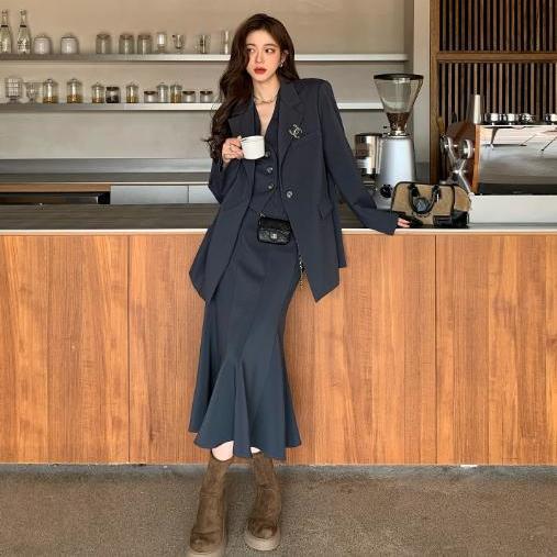 ツーピーススーツコートウエストコートビスチェスカート韓国レトロスーツシニア感覚ファッションカジュアルレディーススリーピーススーツ