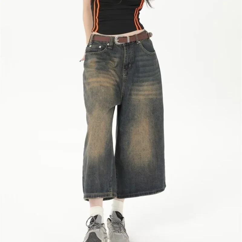 レディースy2kバギーデニムショーツ,ワイドレッグショートパンツ,ルーズジーンズ,ハイウエスト,ダークウォッシュ,ユニセックス,カジュアル,ストリートファッション - 2000