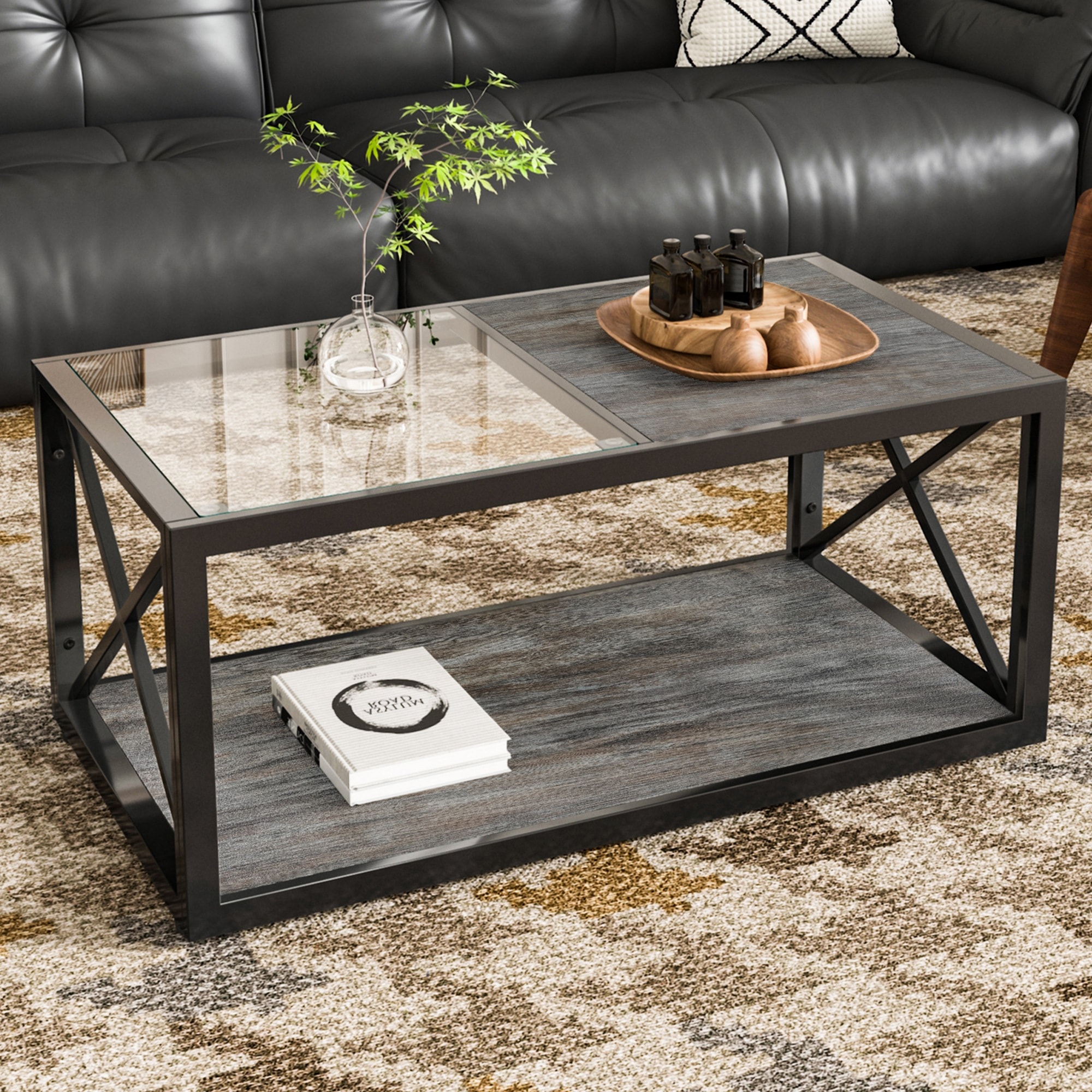 420長方形コーヒーテーブル リビング用 強化ガラス天板×ウッド調MDF インダストリアルスタイル ローテーブル