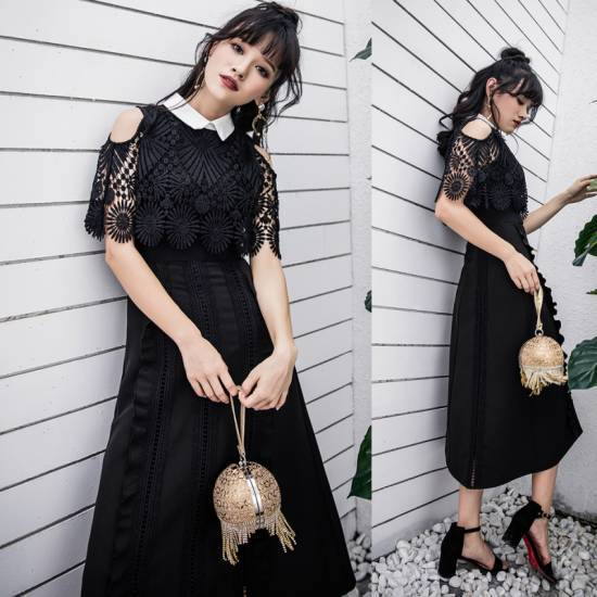 新品登場 ドレス レディース 食事会 フォーマル ゲスト ブラックドレス レース 半袖 ミモレ丈 レトロ フリル 大きいサイズ 10代 20代 30代 大きいサイズ