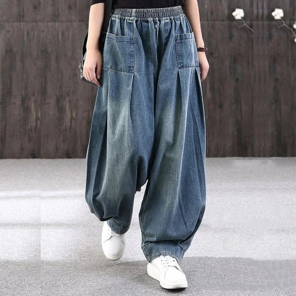 超人気デニムパンツロング丈バルーンサルエルパンツパンツレディースデニムバルーンパンツウェストゴムゆったりハレムパンツカジュアル着痩せ