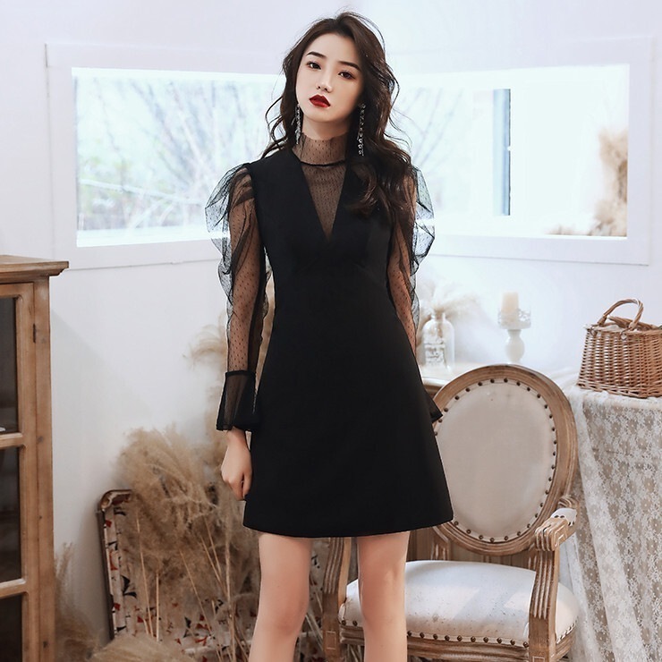 ドレス レディース ワンピース スカート フレアスカート フレアワンピース ワンピドレス 膝上 ショート丈 長袖 襟なし フレア Aライン 細身 レース ハイウエスト 透け感 シースルー 薄手