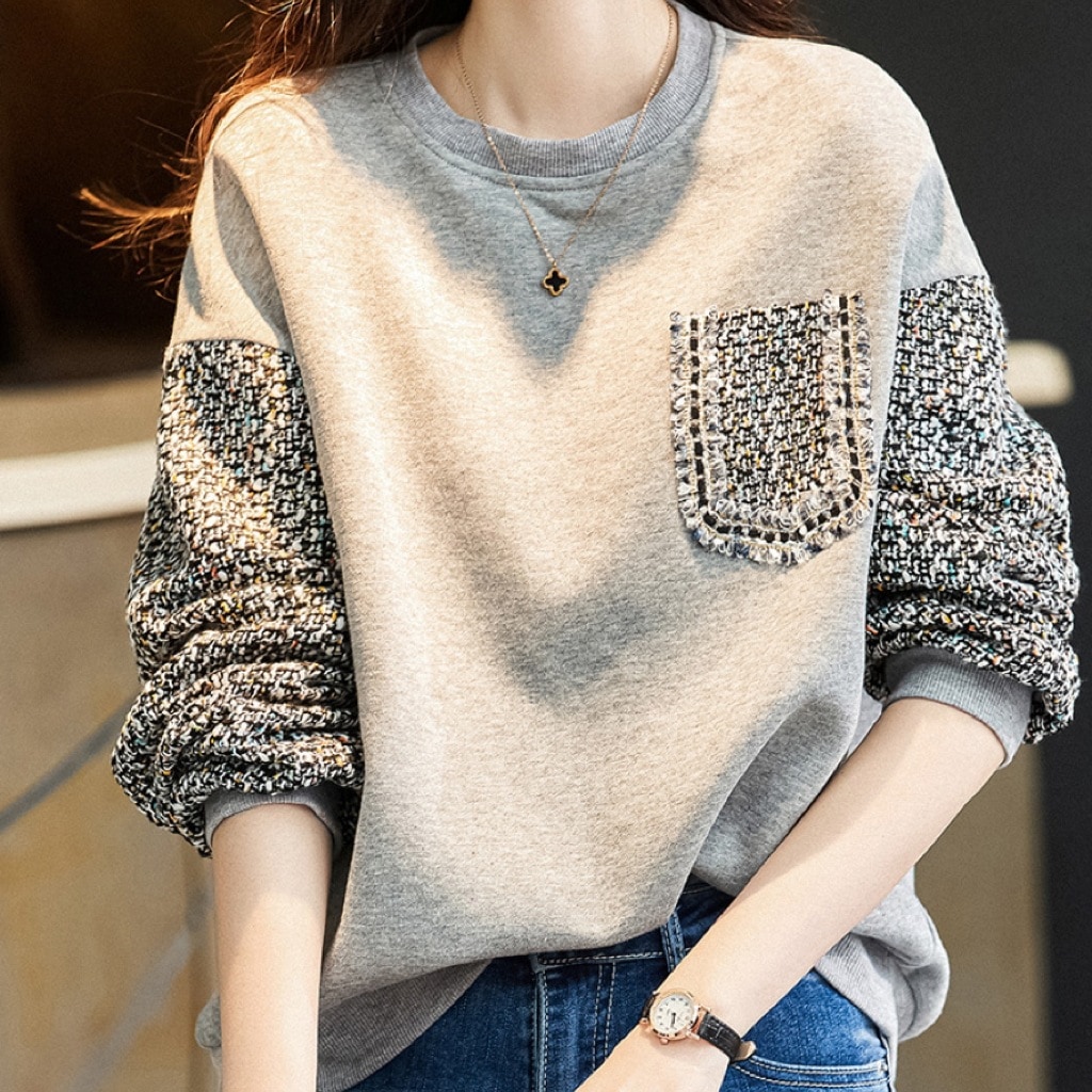 レディース トップス セーター プルオーバー ミドル丈 長袖 ドロップショルダー クルーネック 襟なし ノーカラー オーバーサイズ 切り替えデザイン 異素材ミックス かわいい 大人可愛い きれいめ