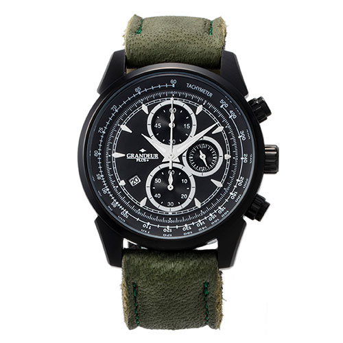 フィンランド産エルクレザー クロノグラフメンズウォッチ ブラック/カーキ
