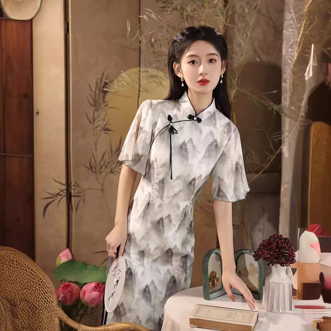 2024春夏改良日常スリムチャイナドレス文学青年風水墨画ドレス